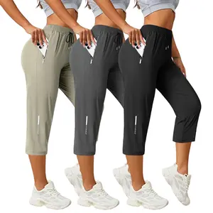 3-Pack Women’s High-Waist Quick-Dry 7/8 Athletic Pants – Elastic Drawstring Waistband, Side Zipper Anti-Theft Pockets, Highly Stretch Ice Silk Breathable Fabric, Reflective Strip Design, Suitable for Fitness, Running, Yoga, Outdoor Activities, and Everyda