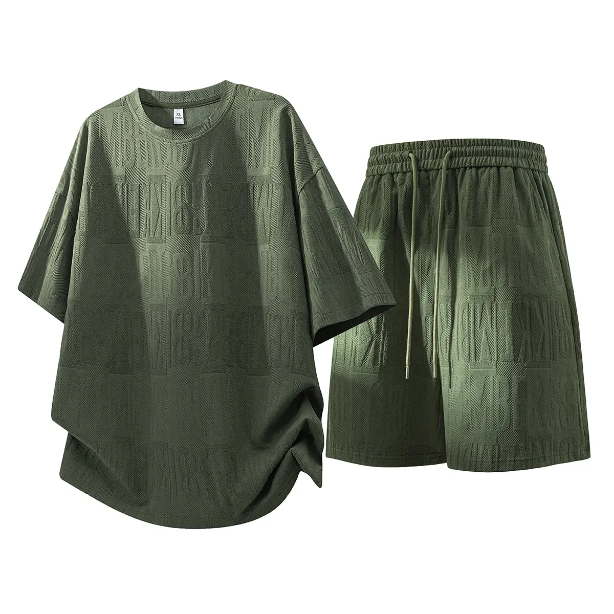 Men's 2 Piece Tracksuit Set, Oversized Street Style T-Shirt and Shorts with 3D Jacquard Lettering and a Curved Hem, Chic, T-Shirts, Casual Wear, Elastic Waist Shorts, Basics, Oversize Fit, Drawstring, Fashion, Menswear, Shortsleeve, Stylish