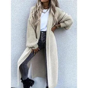 Women's Solid Color Split Hem Drop Shoulder Cardigan, Casual Long Sleeve Open Front Knitwear for Fall & Winter, Women's Oversize  Knit Clothing for Daily Wear Womenswear Tops