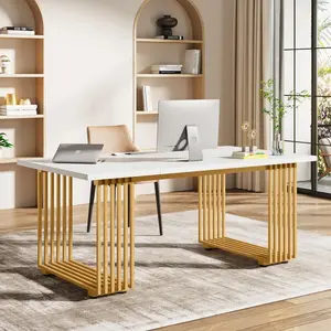 212 MAIN Minimalist Modern Executive Desk - TB-J0094X, 70.9 in. Large, Gold Metal Frame, Heavy Load Capacity, Quick Assembly, White Composite Wood Commercial Office Furniture, Executive Luxury, High-Performance, Composite Wood Desks, Executive Luxury Desk