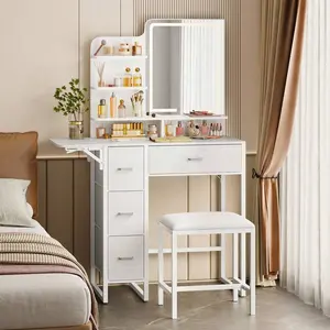 2 Sizes Vanity Desk Set With Mirror LED Lights And Power Outlet, Vanity Desk With Soft Dressing Stool And Drawers, Open Organizer, Dressing Table Bedroom, Home Decor, Bedroom Furniture (Mirror Light Strip Powered By USB Interface)