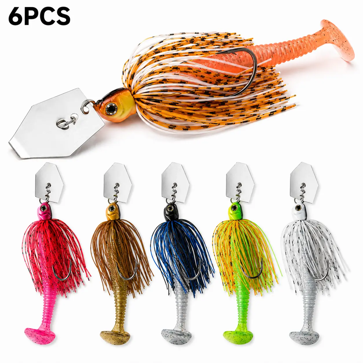 6PCS Bladed Jig Artificial Fishing Lures Set, 12g (0.42 oz/10cm) Vibrating Swim Jigs with Silicone Skirts & Soft Plastic Trailers for Bass Fishing