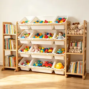 Kids Toy Storage Organizer,Stuffed Animal Storage with Multi-layer Bookshelf, Large-capacity Movable Storage Rack with 12 Storage Boxes, Suitable for Playroom, Nursery, and Bedroom Storage