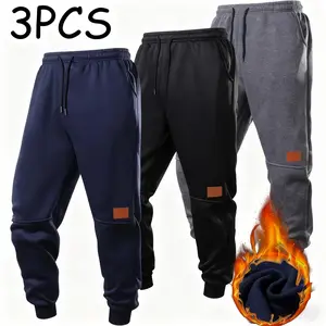 Men's 3-Piece Warm Fleece Sports Bottoms - Thick Drawstring Waist, Relaxed Fit Velvet Feel Sweatpants for Autumn Winter Casual Jogging, Homewear