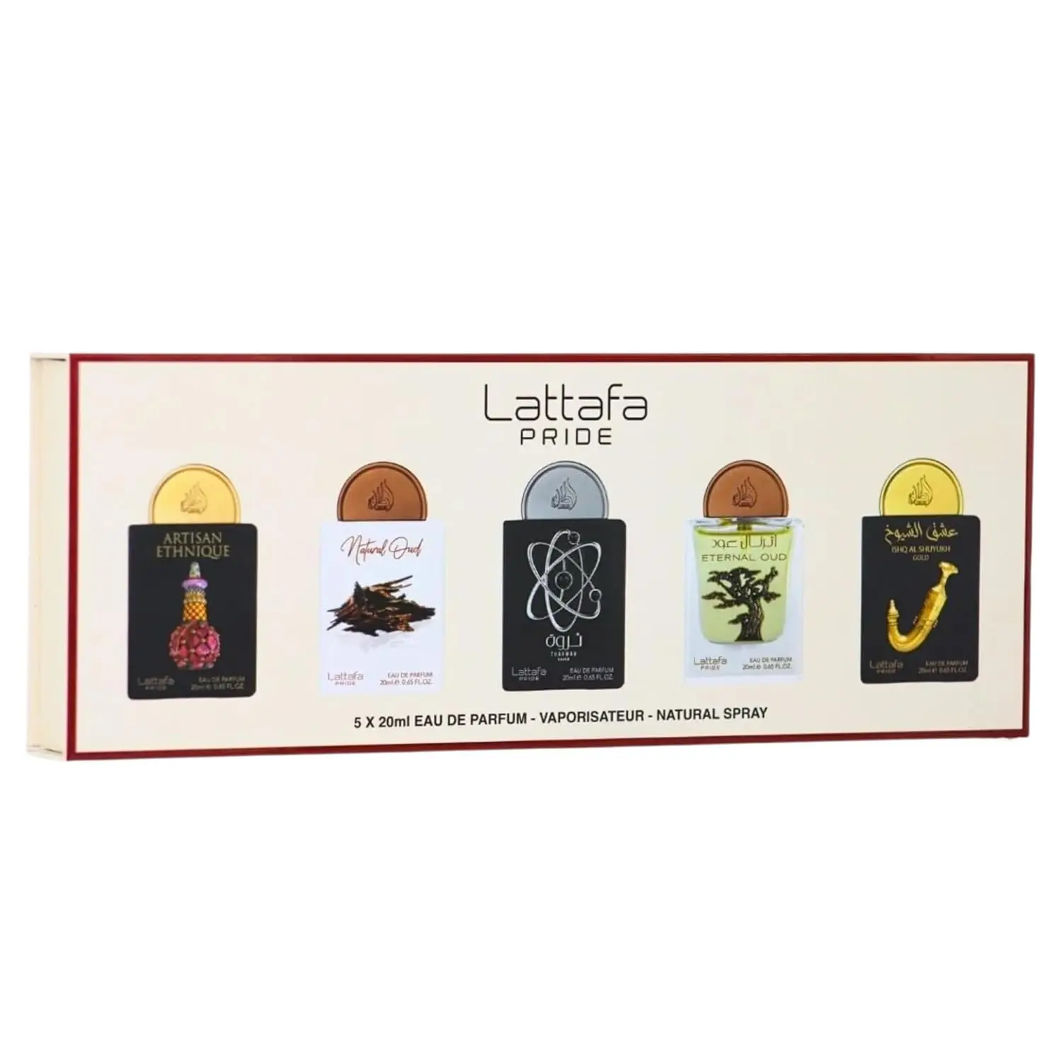 Lattafa Pride Discovery Set 2 | 5 x 20ml Eau De Parfum Spray | Artisan Ethnique, Natural Oud, Tharwah Silver, Eternal Oud & Shuyukh Gold | Luxury Fragrance Set for Men and Women (Unisex)