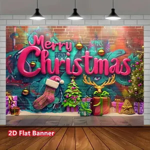 1pc 2D Flat Banner, Rainbow Brick Wall Graffiti Merry Christmas Banner Decor Backdrop for Photography Party Decorations Christmas Wall Banner for Christmas Decorations Christmas Party Banner Ornaments White