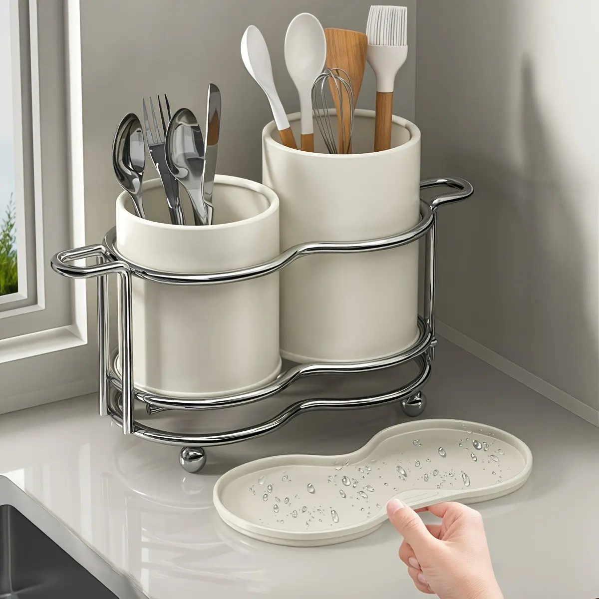 Metal Frame Utensil Storage Box, 1 Piece Kitchen Organizer, Home, 2 Layers, Countertop Storage Holder, Durable Metal Construction, Kitchenware