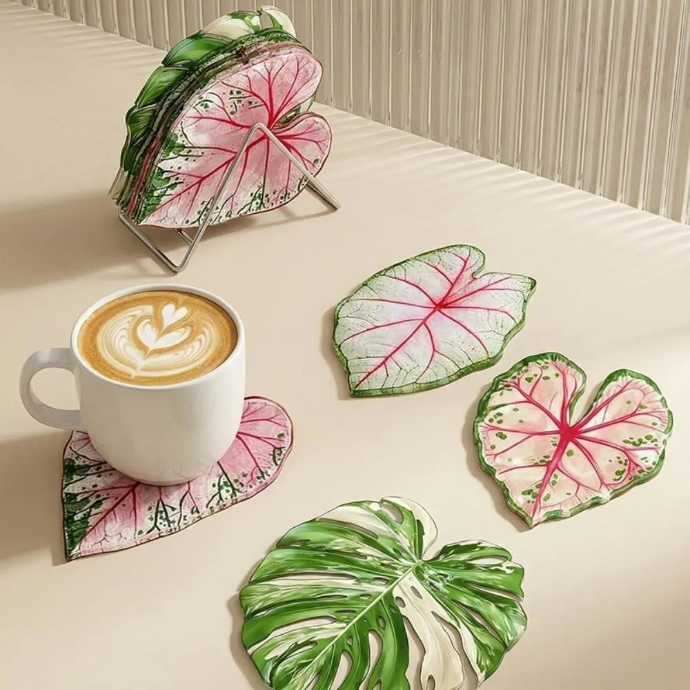 Kitchen Coasters 4pc Set, Modern Tropical Plant Acrylic Tableware, Waterproof & Heat-Resistant Reusable Drink Mats, Small Gift, Stylish, Coasters For Drinks, Lightweight, Party