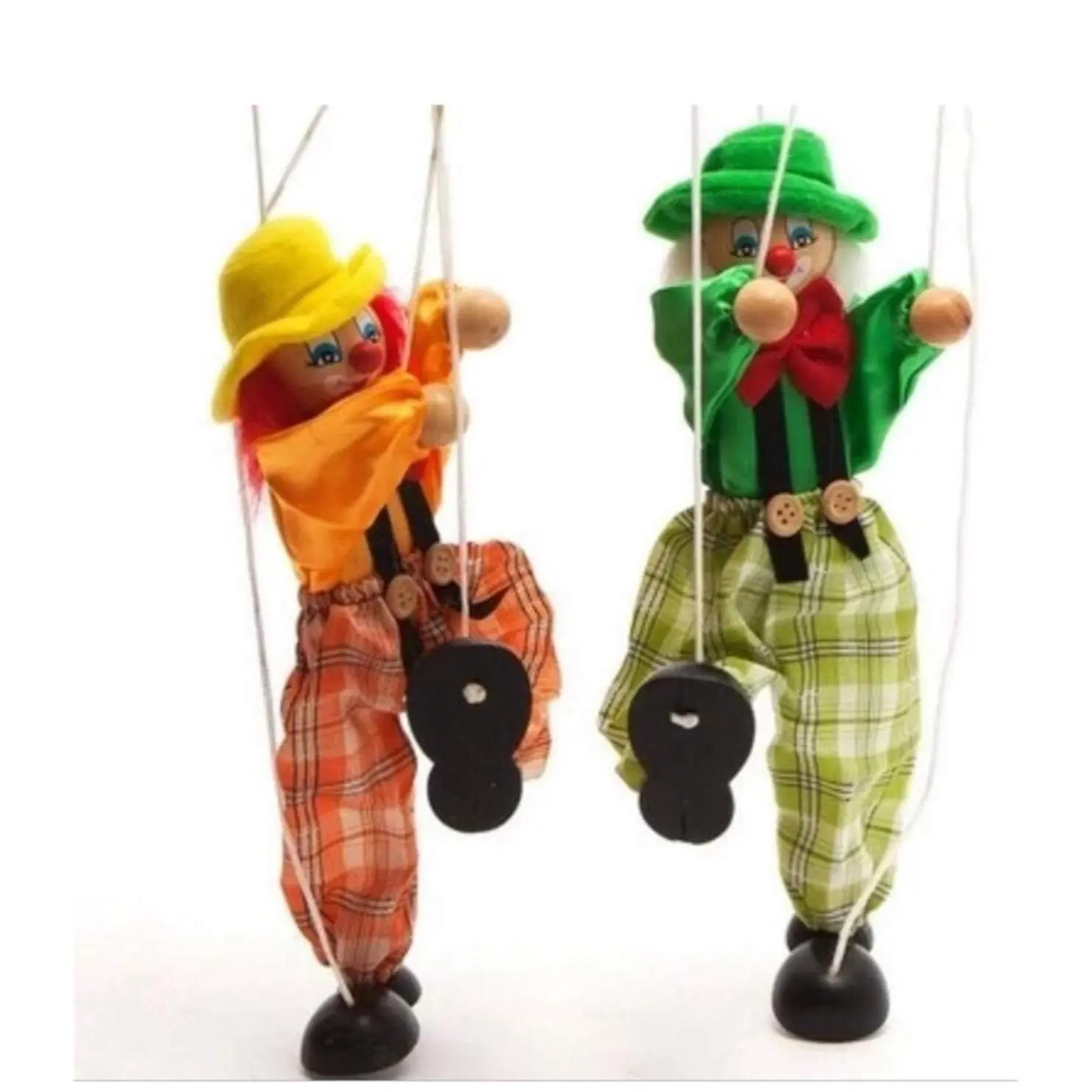 2pcs Fun Wooden Clown Marionette Pull String Puppet Vintage Decor for Family Men Women Pretend Play Puppetry Party
