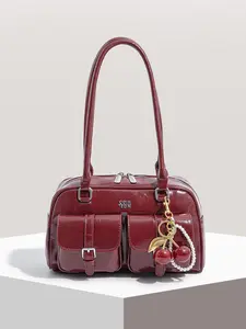 personalized, large capacity, textured crossbody shoulder bag with cherry and pearl pendant decoration design, and multiple zippered pockets, suitable for daily commuting, shopping, and gatherings Stylish crossbody bags