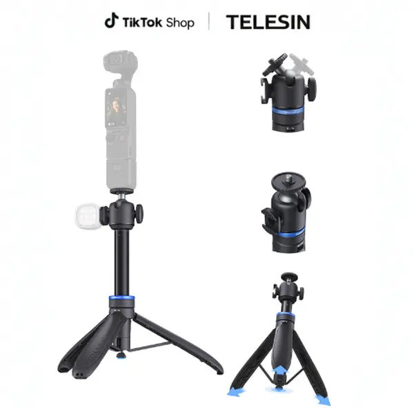 TELESIN 0.01S Auto Open 65 cm/25.5" One Click Open Mini Selfie Stick Tripod for Xtra Muse,DJI Osmo Pocket 3/4,Insta360 Luna Ultra/X5/X4/X3 Camera Accessories