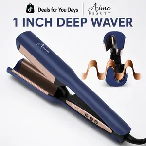 【New Upgrade Deep Wave】Aima Beauty 1 Inch Deep Hair Waver Beach Waves,Negative-lonic Curling Iron, Crimper Curling Wand for All Hair Types, Smart Beep Alerts, Adjustable Temps,Travel DualV oltage Anti-Scald Long Lasting Style lonic Anti-Frizz Hair Tools