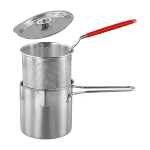 304 Stainless Steel Frying Pan with Filter Basket and Handle, Tempura Deep Fryer for Frying Fish, Shrimp, Chicken, and French Fries, with Filter Basket and Lid, Fish Fryer Boiler, Fryer Cooker, Kitchen Appliances