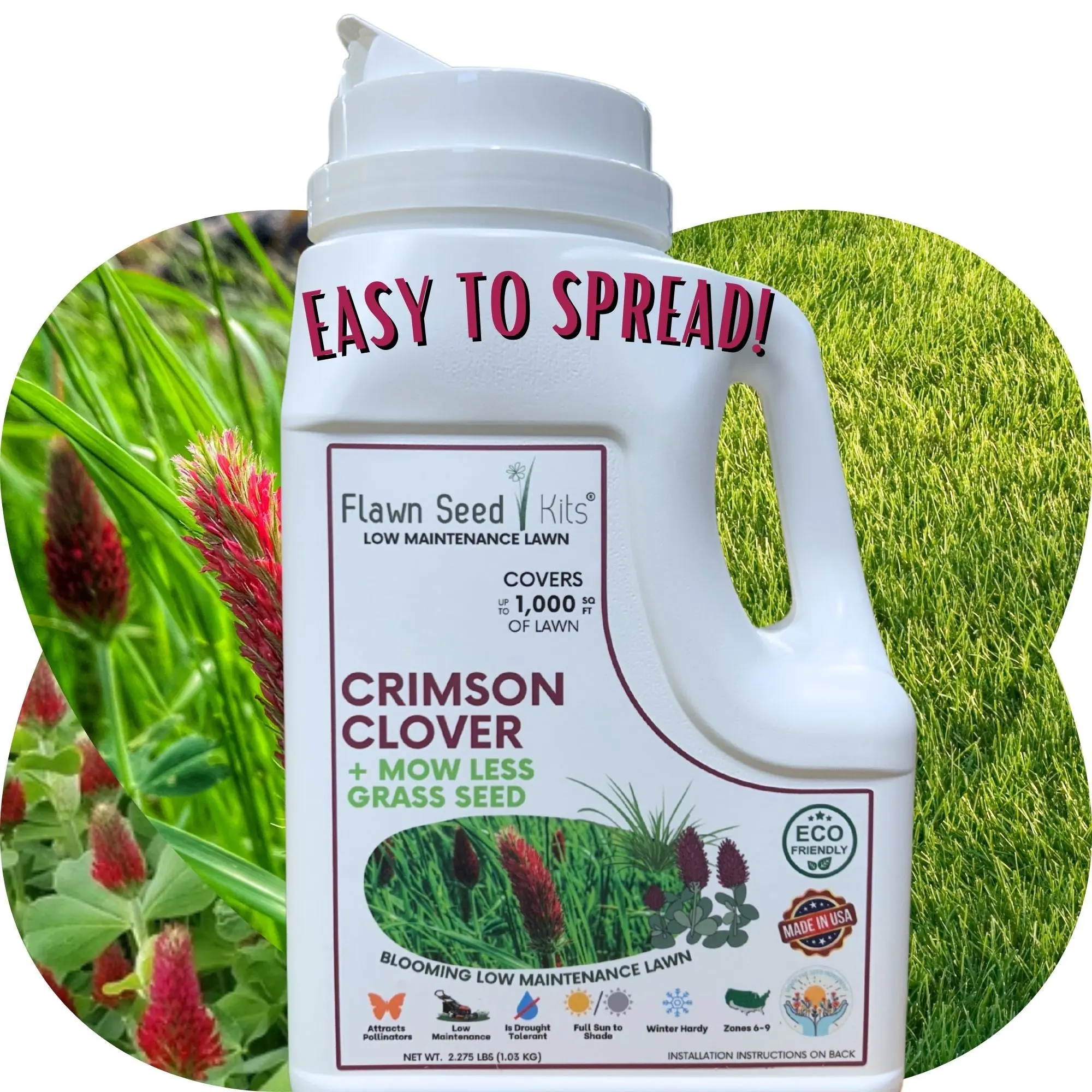 Flawn Seed Kits Crimson Clover & Mow Less Grass Seed Blend - Non-GMO, Eco-Friendly, Drought Tolerant Lawn Mix for Zones 3-9 - Easy to Spread