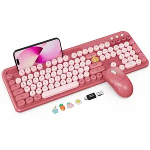 Wireless Keyboard and Mouse Combo with Phone/Tablet Holder, Cute Full-Size Typewriter-Style Keyboard, Retro Round Keycaps, 3-Level DPI Mouse, 2.4GHz Cordless Connection for Windows/PC/Laptop (Pink)