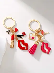 Romantic Lip Shaped Keychain Gift, Luxurious Alloy Keyring with Lipstick, High Heels & Flamingo Pendant, Women's Fashion Bag Accessory