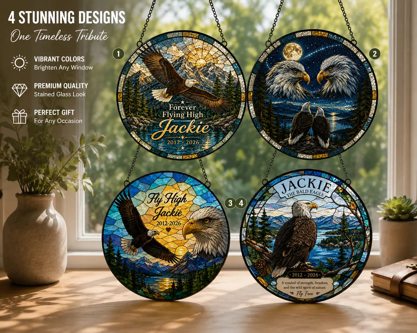Jackie Bald Eagle Memorial Stained Glass Suncatcher, Jackie Big Bear Eagle Window Hanging, Jackie And Shadow Cam Tribute, Remembrance Ornament