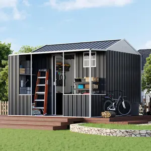 [Ships in 3 Boxes] AMERLIFE Metal Storage Shed, Dual-Zone Tool Shed with Work Area, Reinforced Frame, Gable Roof, Ventilated Design, Dark Grey