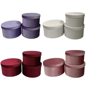 Set of 3, Luxurious Velour Large Round Flower/Gift Boxes with Lids, Various Colors | W155