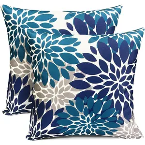 Decorative Throw Pillow Covers Set of 2 18x18 Inch Blue Square Polyester Floral Flower Pillowcases for Couch Sofa Living Room Outdoor Farmhouse