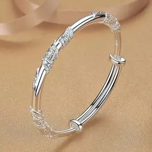 925 Sterling Silver Floral Adjustable Bangle for Women, Solid Texture Light Luxury Bracelet, Ideal Party & Daily Wear Jewelry Gift