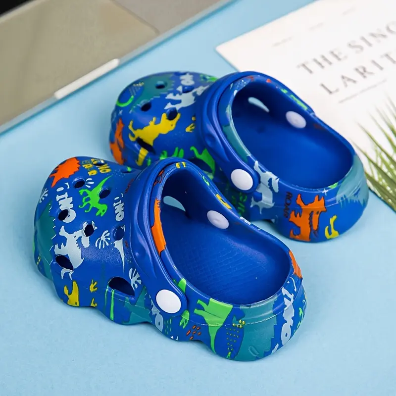 Kids' Dinosaur Print EVA Clogs, Breathable & Lightweight Anti-Slip Sandals for Boys & Girls, Quick-Drying Shoes for Beach & Pool, Anti-Slip Sandals & Flip Flops, Cartoon Flip-Flop Design Sandals & Flip Flops