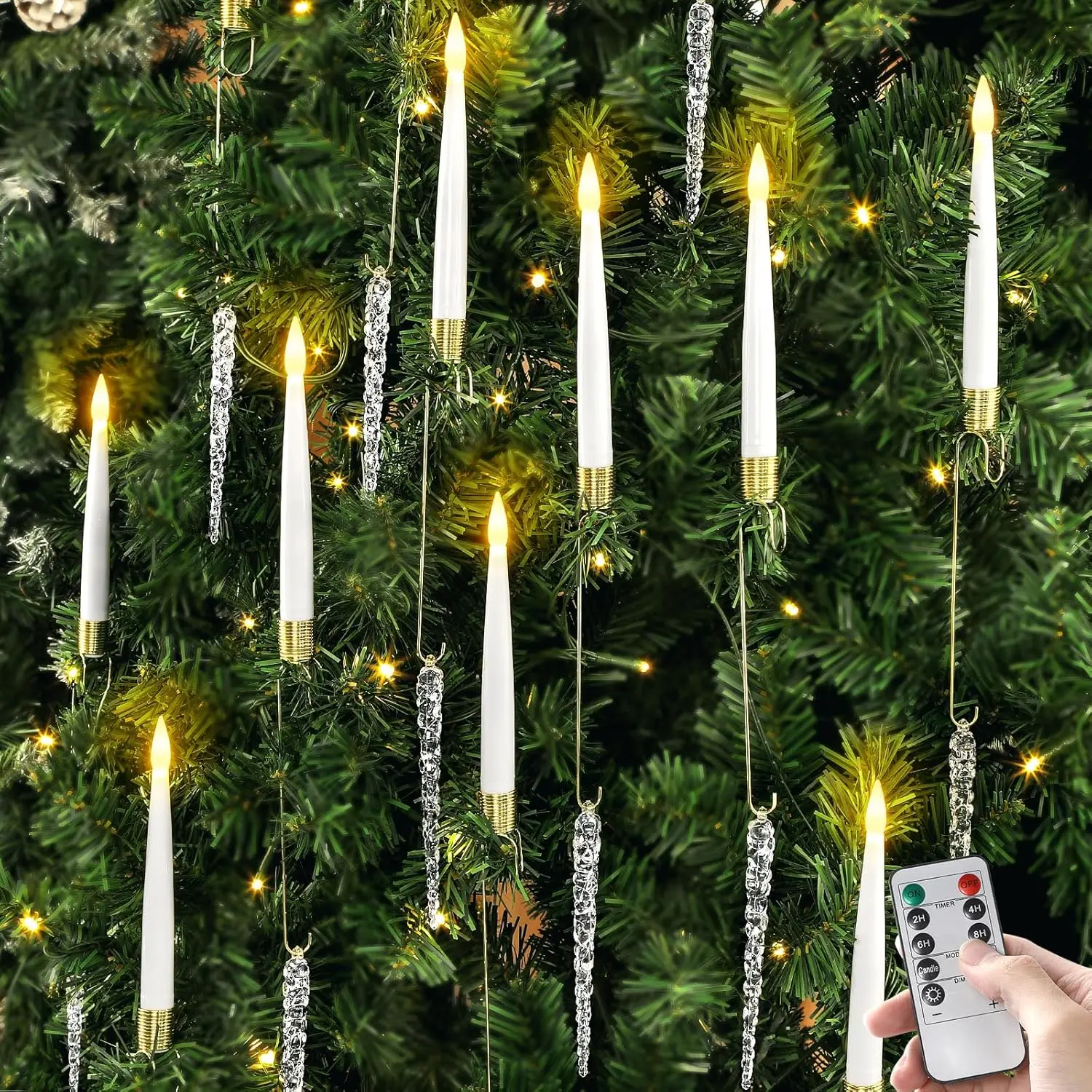 GISGFIM 12-Pack Christmas Flameless Flickering LED Candles with Remote Control, Timer, Hooks, Acrylic Icicles, Hanging Crystals, AAA Battery, Suction Cup Compatibility for Party, Classroom (Ambient Lights)
