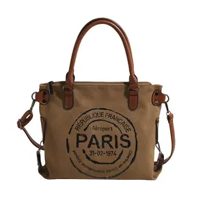 Spacious & Sturdy Vintage Paris Canvas Tote Bag – Ultra-Lightweight with Zipper, Paris Stamp Canvas Shoulder Bag with Removable Strap, and Polyester-Lined Interior Handbag, Crossbody Bag