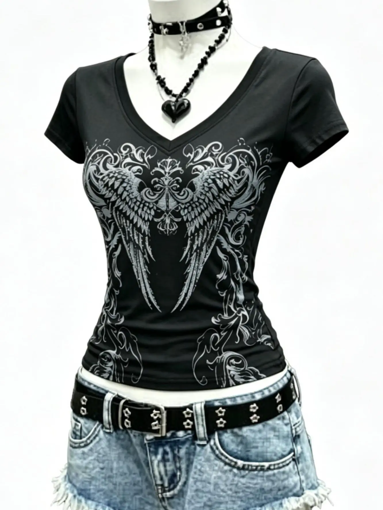 Angel Wings Rhinestone Short Sleeve T-Shirt Waist Slim Fit Short Sleeve for Women Y2k top