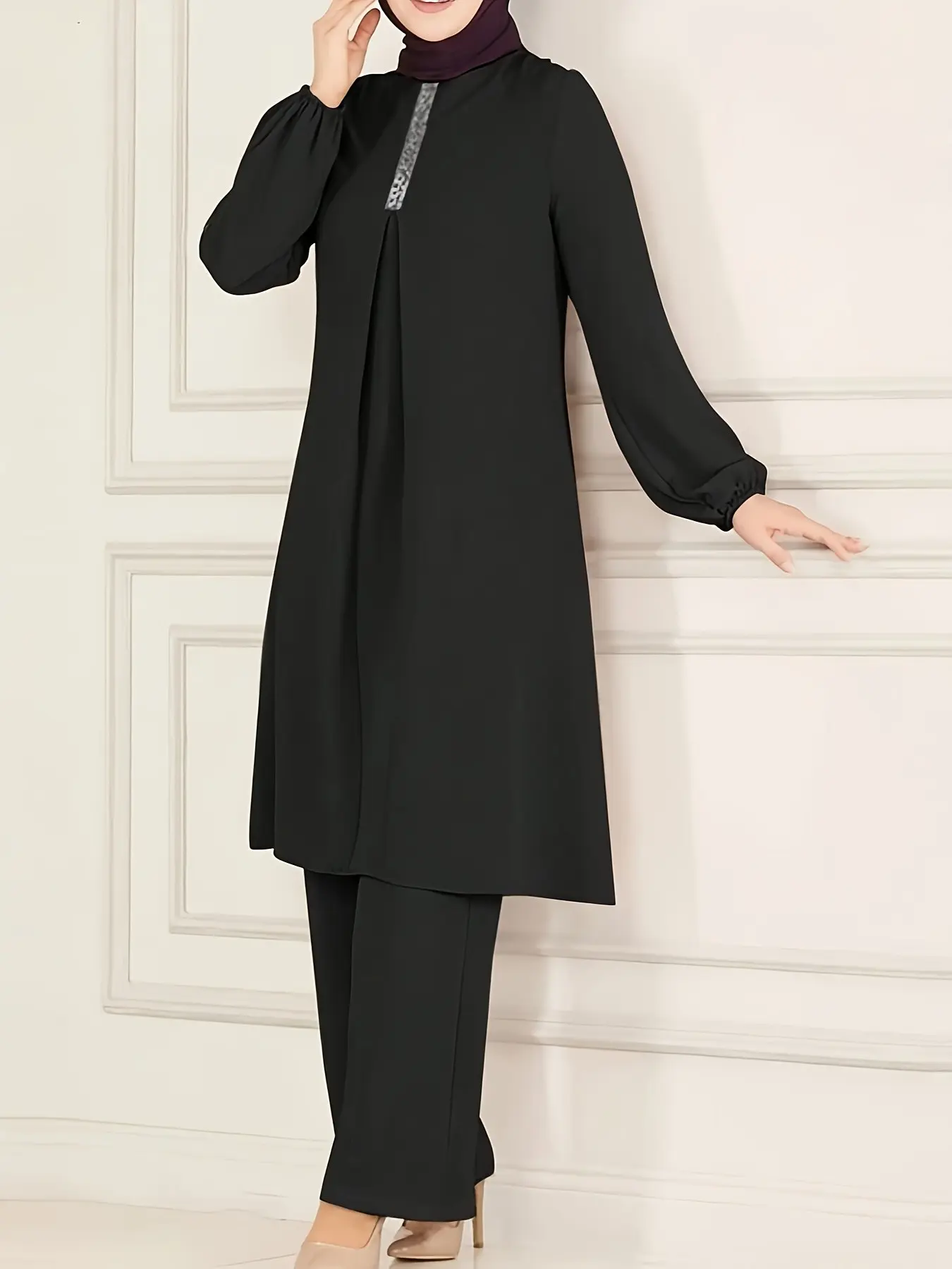 Middle East Fashion for Muslim Casual Solid Color Round Neck Shirt Top with Long Pants Loose Two-Piece Set, Set Outfit, Simple Style, Matching Sets