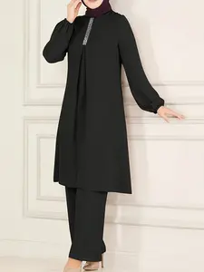 Middle East Fashion Casual Solid Color Round Neck Shirt Top with Long Pants Loose Two-Piece Set, Simple Style