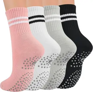 Women's Non Slip Pilates Socks - 4 Pairs of Athletic Yoga Crew Socks with Grippers for Barre pilates socks workout socks