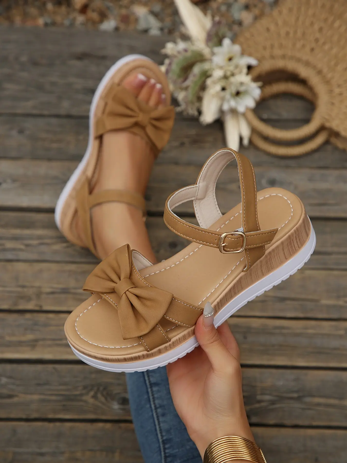 Women's Elegant Bow Heeled Sandals, Fashion Open Toe Thick Sole Slip-On Design, PU Outer Material & Detailed Craftsmanship