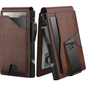 Tactical Wallet for Men Card Holder: Pop Up Card Case, Genuine Leather, Smart, RFID Blocking, Slim, Minimalist, Thin, Front Pocket - 9-13 Card Capacitiy, ID Window, Money Clip (Brown)
