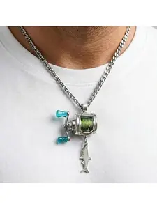 Functional Mini Fishing Reel Necklace for Men – Interactive Stainless Steel Pendant with Real Adjustable Line & Fish Charm – Convertible Ring Jewelry, Unique Fidget Gift for Anglers, Dad, Fisherman romantic gift for him