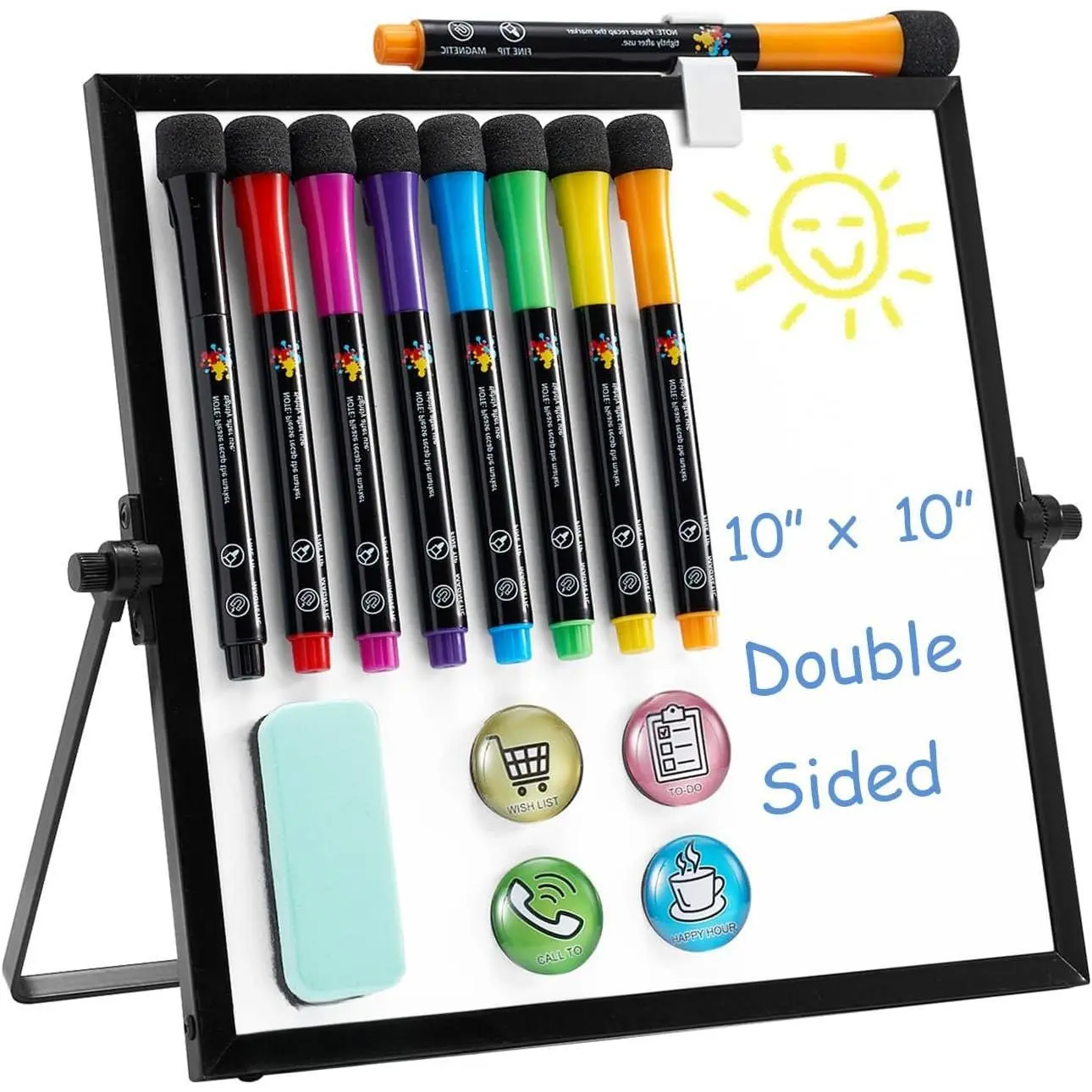 10x10 in Portable Mini Desktop Whiteboard with Stand - Double-Sided Dry Erase Board for Students, Homeschool Use, Family Needs, Featuring 2 Hooks, 360-Adjustable Knob, Portable Stand for Office Stationery