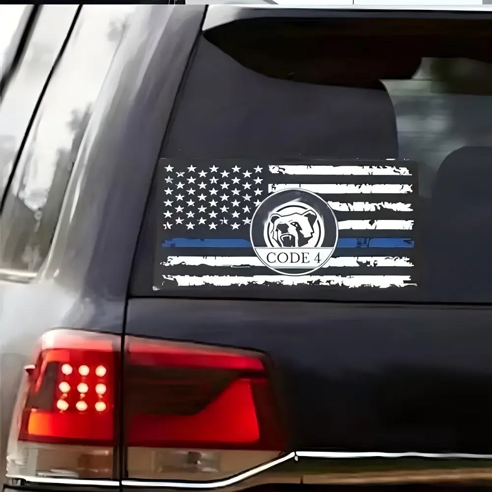 5PC Thin Blue Line American Flag Car Decals - Matte Black/White/Blue Vinyl Stickers with "CODE 4" Emblem, for Car Windows, Bumpers, Law Enforcement Support