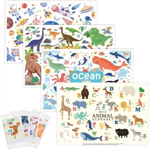 Disposable Placemats For Baby,Toddlers-32 Pack Stick on Placemat Waterproof Placemats For Dining Table,Travel,Restaurants,Animal Alphabet Designs (12x18 Inch, Individual Packaging)