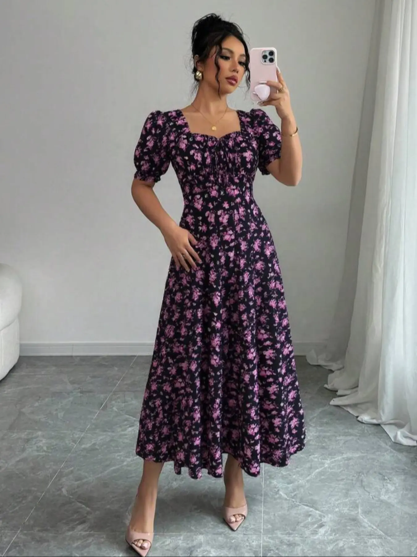 Women's Summer Bubble Sleeve Square Neck Floral Elegant Casual Chic Fitted Boho Bohemian Style Long Dress, Stylish and Comfortable Fashion Wear Bohemian Print Dresses