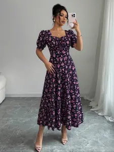 Women's Summer Bubble Sleeve Square Neck Floral Elegant Casual Chic Fitted Boho Bohemian Style Long Dress, Stylish and Comfortable Fashion Wear Bohemian Print Dresses