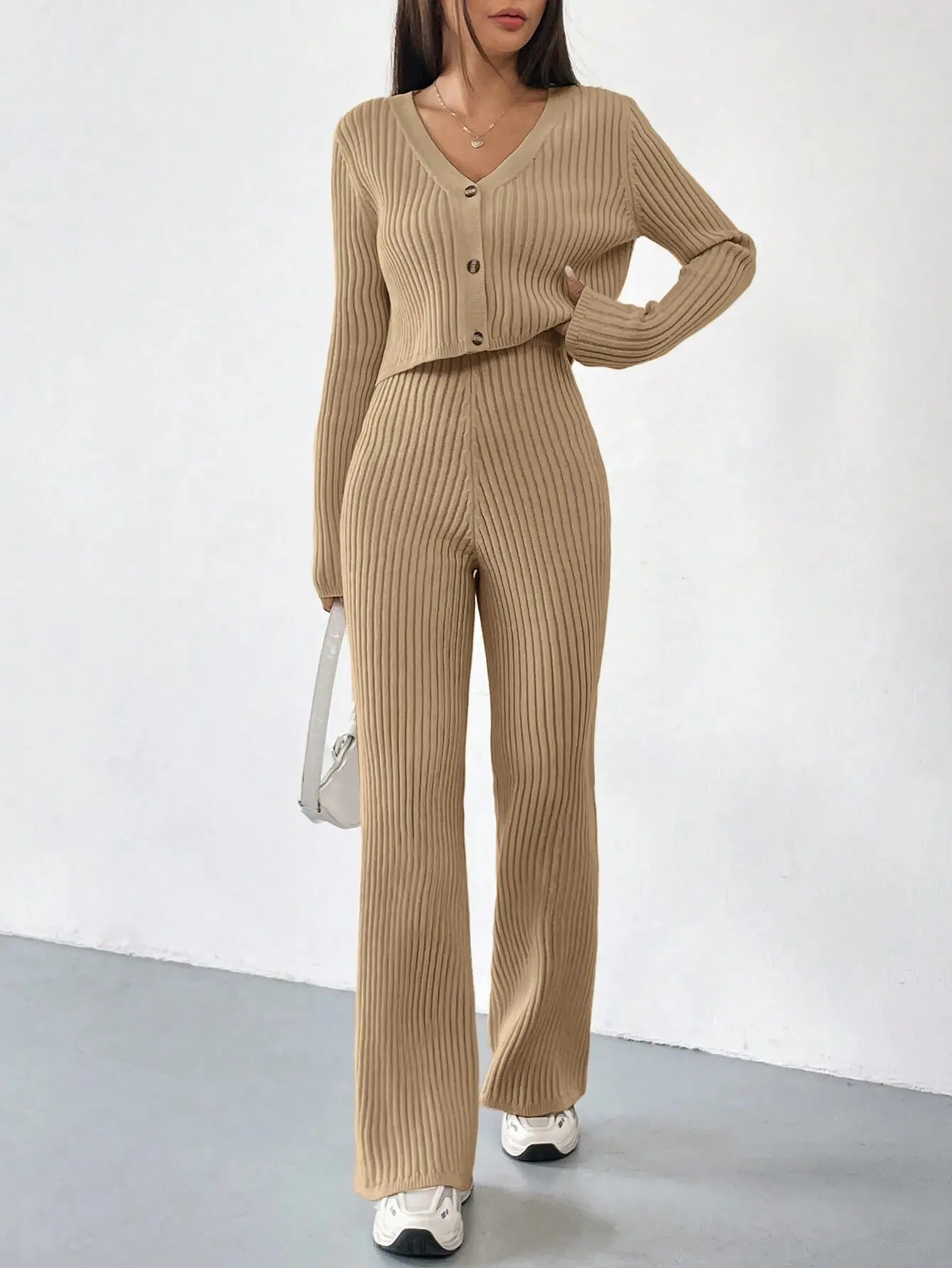 Women's 2-Piece Soft Knit Matching Set, Elegant V-Neck Long Sleeve Sweater and Lounge Pants, Comfortable Casual Everyday Outfit, Women's Clothes, 2-Piece Outfit
