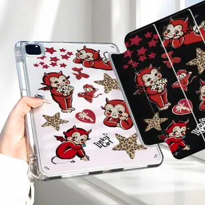 Retro Red Devil design iPad Case, Tablet Cover, Double-sided printing Transparent Acrylic Hard Back Panel With Pencil Slot for Ipad mini pro air, Scratch-resistant Ultra-thin, Shock-resistant Full Cover Protective Case Suitable for Offices Schools Homes