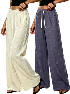 Women’s straight-leg vertical sweatpants with 3D water droplet embossing, mid-rise drawstring, loose athletic casual long pants for spring/autumn, relaxed vibe, versatile, with a strong distressed look.