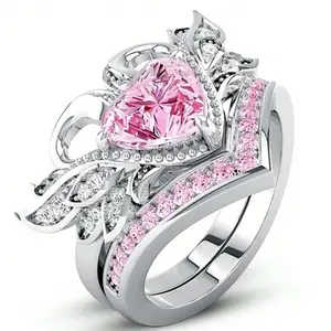 2pcs/Set Fashion Heart Shaped Rings for Women, Pink Cubic Zirconia Stone, Wedding Rings, Engagement Rings, Valentine's Day Jewelry Gift