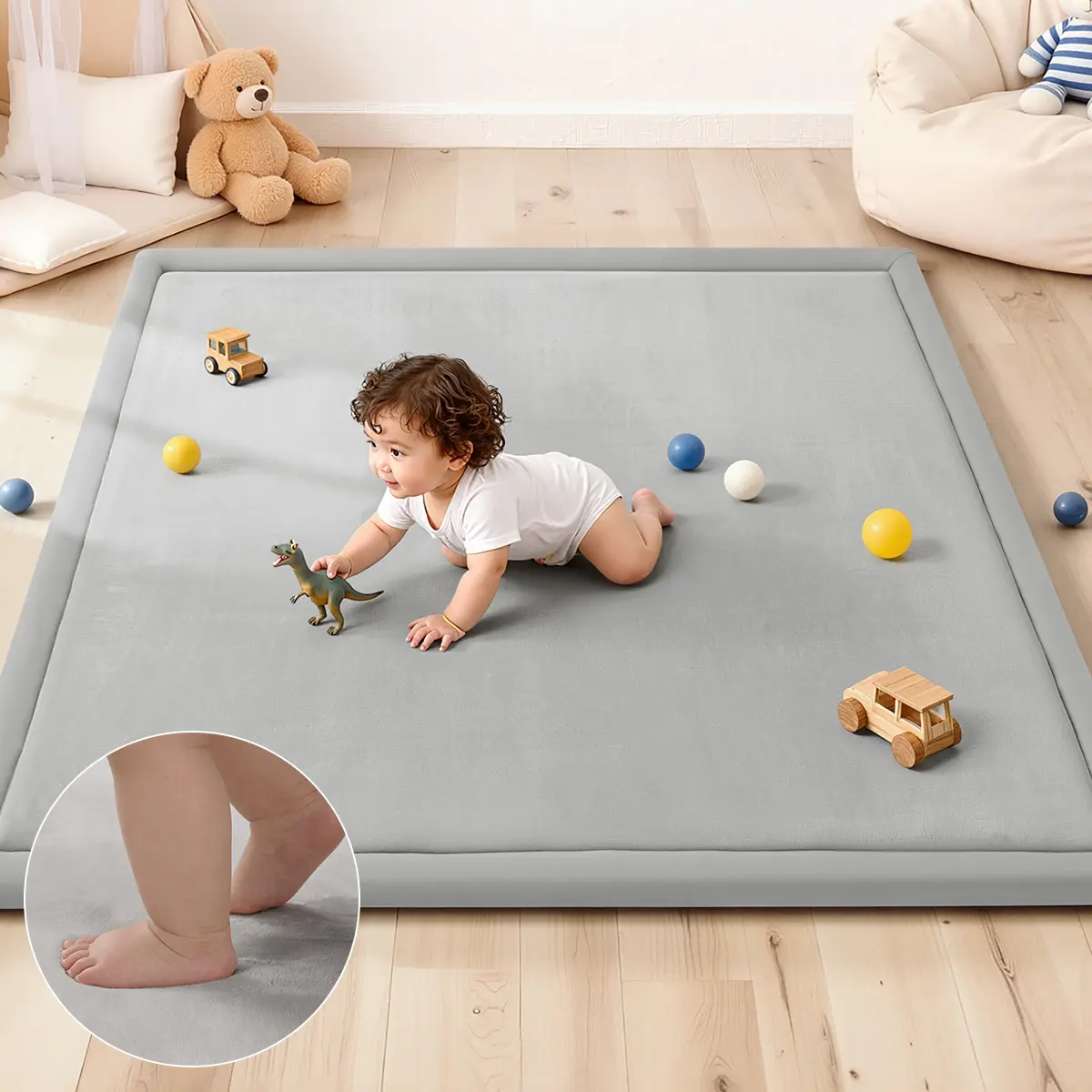 COMOMY 50in x 50in Sturdy Memory Foam Baby Playpen Mat, 1.2in Thick Slow-Rebound Flannel, Anti-Slip Foldable Easy-to-Clean Portable Yoga & Picnic Bedside Rug for Infants, Light Grey