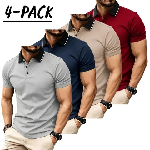 Men’s short sleeve polo shirt set of four pieces with a turn down collar and three buttons; urban casual style with contrast piping at the collar, slim tailored shoulders, and refined bead detailing. Suitable for men’s commuting, shopping, and exploring s