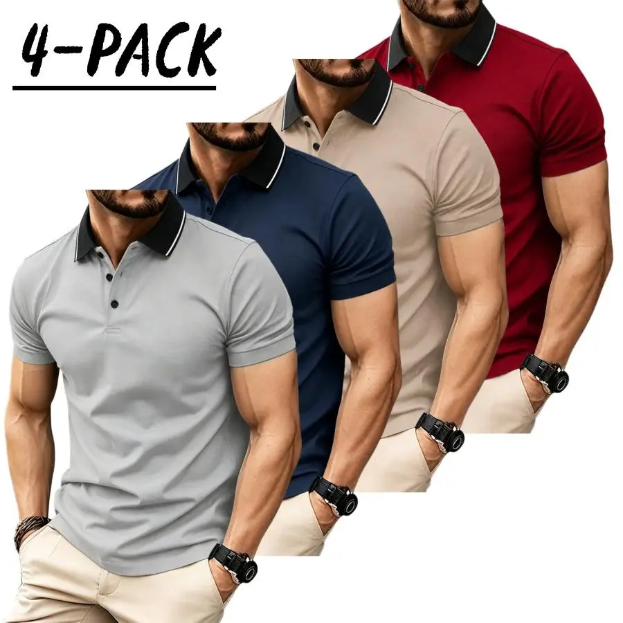 Men’s short sleeve polo shirt set of four pieces with a turn down collar and three buttons; urban casual style with contrast piping at the collar, slim tailored shoulders, and refined bead detailing. Suitable for men’s commuting, shopping, and exploring s