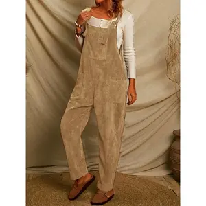 Women's Solid Corduroy Jumpsuit, Patched Pockets Overall Design, Casual One-Piece Outfit for Spring & Fall, Comfortable Romper Style