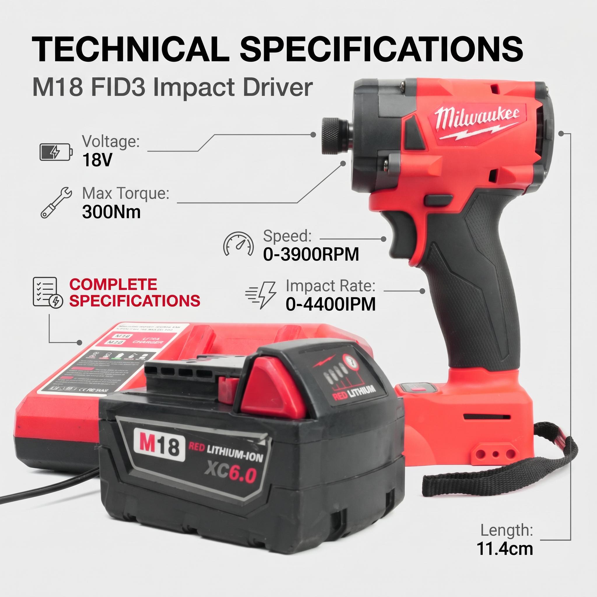 Milwaukee M18 FID3 Compact Spiral Specialty Mechanic Tool - 221 ft-lbs (300 Nm) Torque, 11.4cm Ultra-Short, 1.75kg Light, 4-Speed Control, Battery & Charger Included - For Electricians, Electrical & Framing Work