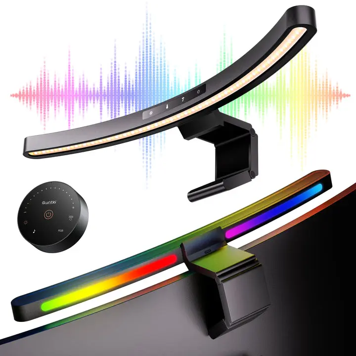 Quntis Curved Monitor Light Bar with Dual Control - Backclip Desk Lamp, Color Changeable LED, Customizable LED, Dimmable Backlight, 11 RGB Modes, 45-Degree Design, Camera-Compatible, Flicker-Free, Sound-Activated, Adjustable for Curved Screens
